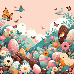 Sticker - springtime background with easter eggs, floral blossom and colored butterflies background