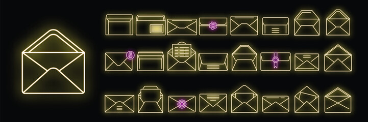 Poster - envelope icons set outline vector. blank mail. postal card template neon isolated