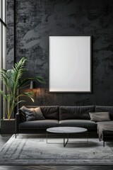 Wall Mural - Elegant minimalist lounge interior with a comfortable modern sofa, textured dark wall, and framed blank canvas.