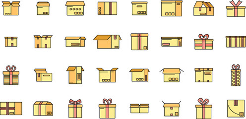 Poster - box icons set outline vector. gift present. close surprise color line isolated