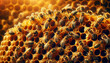 Create an ultra-realistic close-up image in a widescreen aspect ratio, focusing on bees actively building a nest