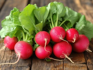 Poster - fresh radish with tops on wooden background