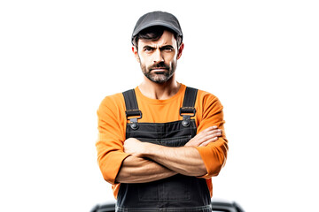 Wall Mural - Close up of male car mechanic emotionally irritated, angry, white background isolate.