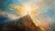 An evocative portrayal of Jesus Christ's transfiguration on the mountaintop, radiating divine light.