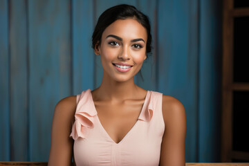 Wall Mural - Elegant woman in soft pink blouse smiles, exuding confidence against a rustic blue backdrop. Perfect for beauty and fashion content.