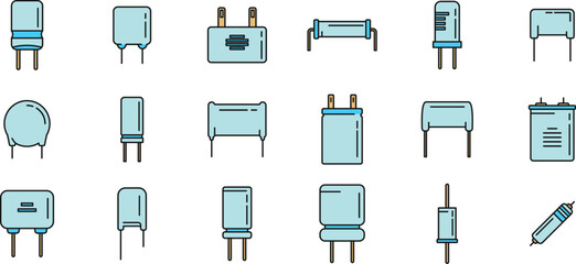 Poster - capacitor icons set outline vector. polyester ceramic capacitor. bipolar condeser color line isolate