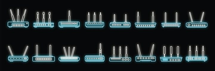 Poster - Modem icons set outline vector. Internet router. Lan port access neon isolated