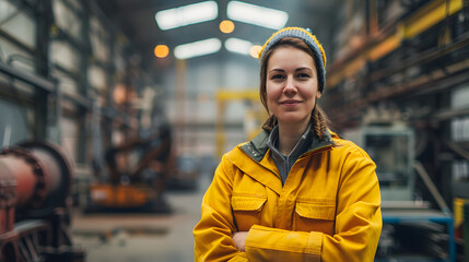 Poster - a woman with a yellow jacket standing in an industrial warehouse