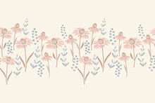 Pink Flower Pattern Seamless Background Border Frame. Vector Illustration Hand Drawn Peach Pink Coneflower Floral With Branches Leaves. 