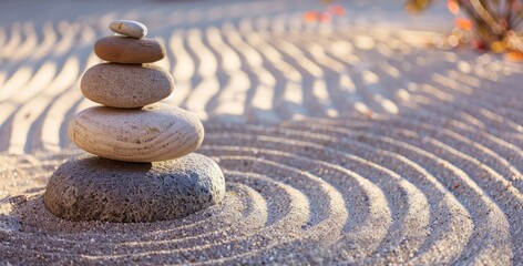 Sticker - Peaceful Zen garden with smooth stones and raked sand background