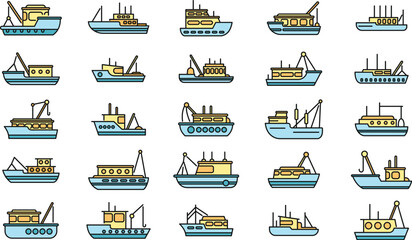 Poster - Fishing boat icons set outline vector. Cargo marine. Ocean ship color line isolated