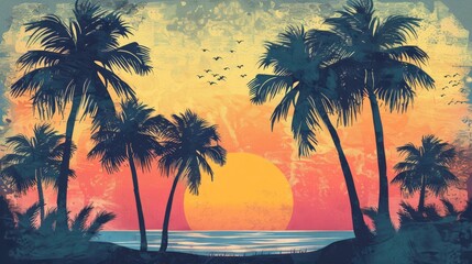 Wall Mural - Retro sunset with silhouetted palm trees, vintage style
