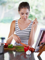 Cooking, vegetables and woman in kitchen for lunch, dinner and supper for healthy eating. Nutrition, recipe and person with food, ingredients and cutting board for wellness, diet and meal in home