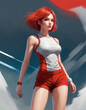 Digital Ai Illustration Of An Athlete Woman With Red Hair And Red Sportswear