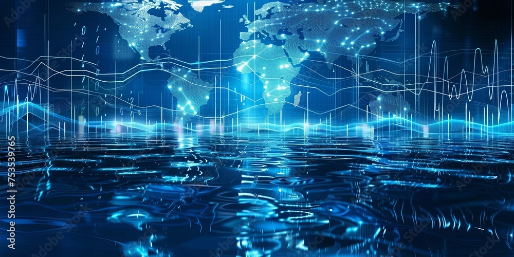 The background is a glowing blue world map with stock market bar charts ...