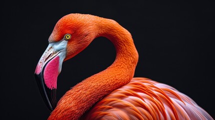 A flamingo is standing on a black background