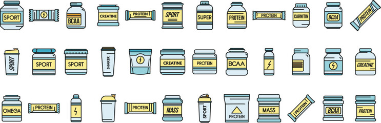 Poster - Sports nutrition icons set outline vector. Food energy. Healthy protein color line isolated