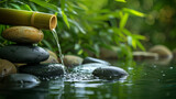 Fototapeta  - Zen garden with bamboo fountain and stones.