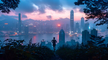 A Runner At Dawn, With Urban Cityscape Silhouetted In The Background, During A Refreshing Morning Jog