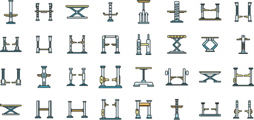 Poster - car lift icons set outline vector. auto garage. station equipment color line isolated