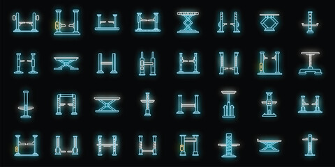 Poster - car lift icons set outline vector. auto garage. station equipment neon isolated