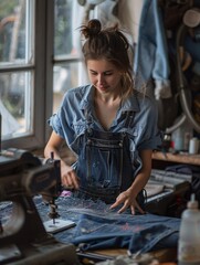 Poster - A female repairs, mends, and repurposes denim garments to save money by reusing fabric.