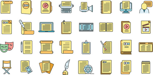 Poster - scenario icons set outline vector. event fabrications. video moving color line isolated
