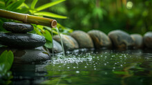 Zen Garden With Bamboo Fountain And Stones.