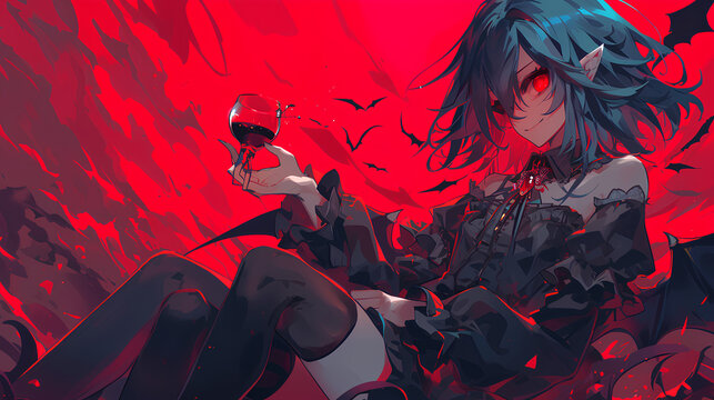 Evil smile of anime vampire holding red drinking glass