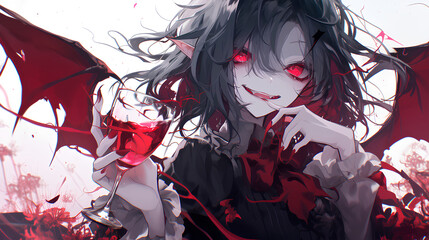 Wall Mural - Smiling anime vampire girl holding red drinking glass