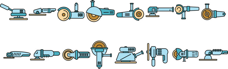 Poster - Grinding machine icons set outline vector. Build construct. Electric equipment color line isolated