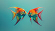 A pair of majestic angelfish in a graceful dance, their vibrant colors accentuated against a solid aquamarine backdrop.