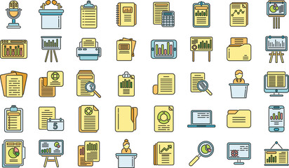 Poster - Report icons set outline vector. Performance chart. Data document color line isolated
