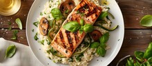 Grilled Salmon With Zucchini, Mushroom, And Basil Risotto