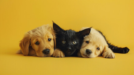 A pair of playful puppies, one golden and one black, frolicking with a sleek black cat on a sunshine yellow backdrop.