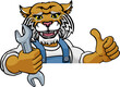 A wildcat cartoon animal mascot plumber, mechanic or handyman builder construction maintenance contractor peeking around a sign holding a spanner or wrench and giving a thumbs up