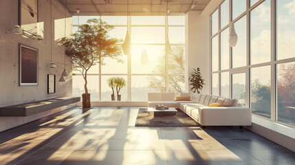 Wall Mural - modern living interior with big windows and plants 