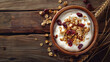 Yogurt with muesli, dried fruits and berries. Healthy wholesome breakfast