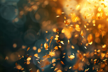 Poster - Flower petals flying in the golden sun light. Background image. Created with Generative AI technology.