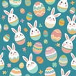 Funny Happy Easter seamless pattern background greeting card with rabbit, bunny, chicks and flowers, basket, Easter eggs hunt . Vector Illustration doodle kids style design. Vector illustration