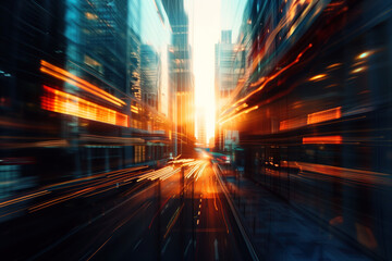 Poster - traffic in the city, golden hour, strong motion blur. created with generative ai technology.