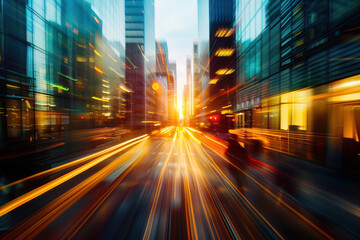 Poster - traffic in the city, golden hour, strong motion blur. created with generative ai technology.