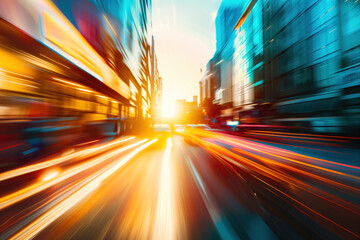 Poster - traffic in the city, golden hour, strong motion blur. created with generative ai technology.