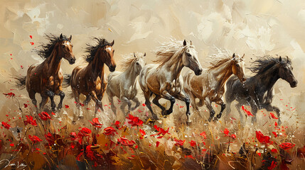 Wall Mural - Art abstraction, plants, flowers, golden grains. Oil on canvas. Brush the paint. Animals, horses
