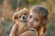 Little girl hugs his cute puppy dog. 