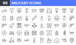 © Gofficon - Military vector line icon set.Contain linear outline icons like Soldier, War, Weapon, Rocket, Pistol, Knife, Gun, Army, Helicopter, Revolver, Grenade, Dynamite, Rifle, Helmet. Editable use and stroke.