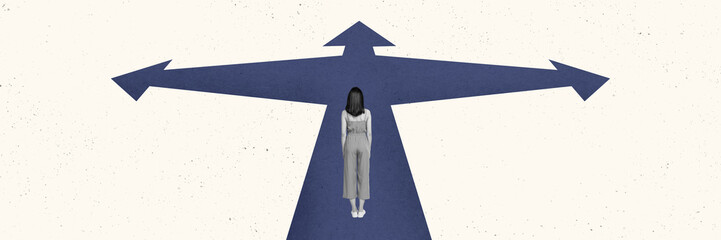 Poster - Panoramic creative collage standing alone girl thinking choice decide way direction arrow left right forward destination white background