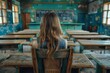 © familymedia - Back view of a woman contemplating in a rustic classroom with wooden desks and blackboard evoking memories
