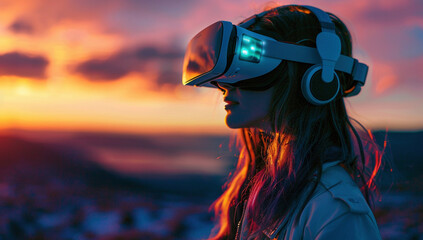 Wall Mural - Young Woman Experiencing Virtual Reality at Sunset