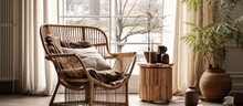 A Rattan Chair With Accessories In A Stylish Setting